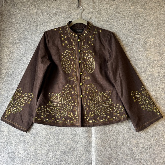 Silk Land Petite Brown Embroidered Mandarin Collar Boho Festival Jacket Size S - Picture 2 of 16